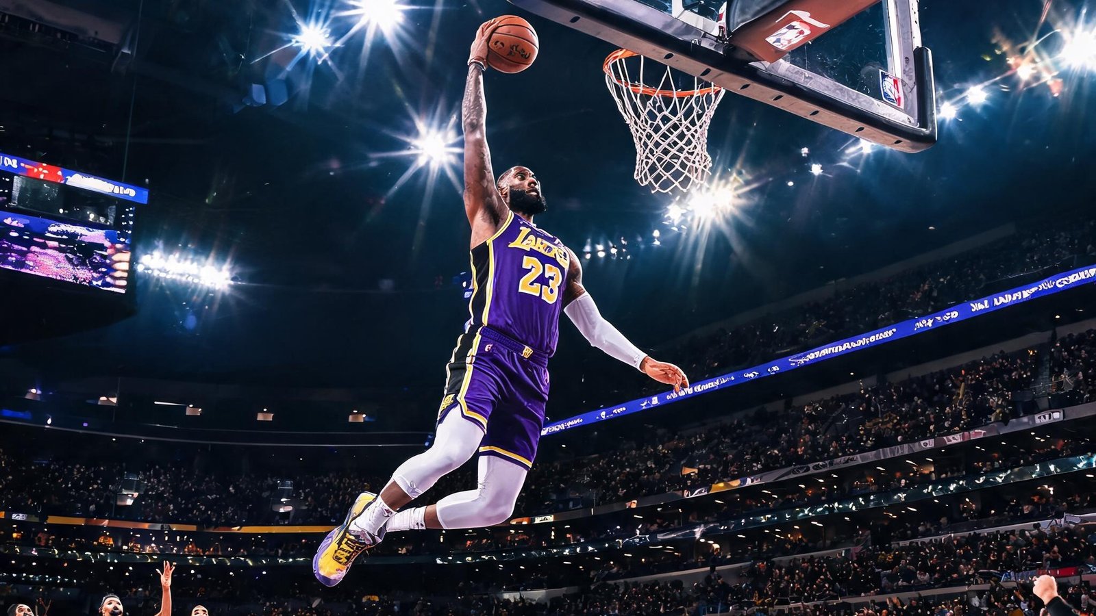 NBA篮球直播，球员扣篮瞬间，场馆灯光闪耀